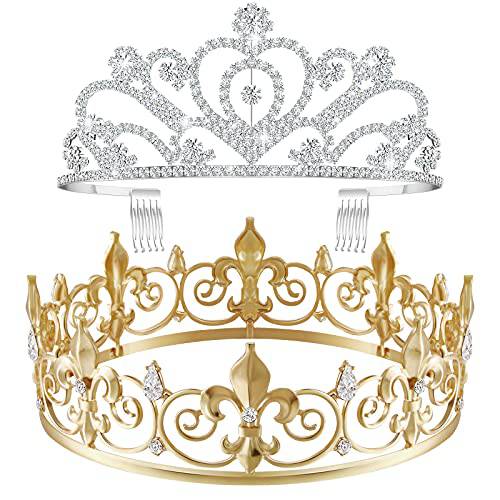 King Crown 2 Pcs Royal King Crown Metal Crystal Tiara Crown for Men Women Bridegroom Bride Princess for Wedding Halloween