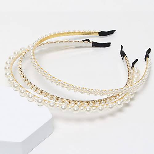 3 Pack Pearl Headbands White Faux Pearls Gold Hairbands Bridal Hair Hoop Wedding Hair Accessories for Women Girls (Pearl)