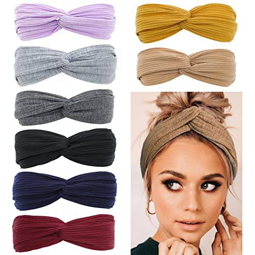 MarchQueen 6 Pack Boho Headbands for Women’s Hair Non Slip Knottd Headbands for Women Solid Color Ribbed Stretchy Hair Bands for Women Girls Yoga Sports Hair Accessories