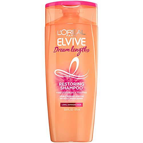 L’Oreal Paris Elvive Dream Lengths Restoring Shampoo with Fine Castor Oil and Vitamins B3 and B5 for Long, Damaged Hair, Visibly Repairs Damage Without Weighdown With System, 12.6 Fl Oz