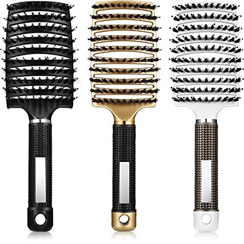 3 Pieces Curved Vented Boar Bristle Hair Brushes Fast Dry Detangling Hair Brush Curved Vented Styling Hair Brush Fast Blow Drying Hair Brush for Wet, Long and Curly Hair (Black, White, Gold)