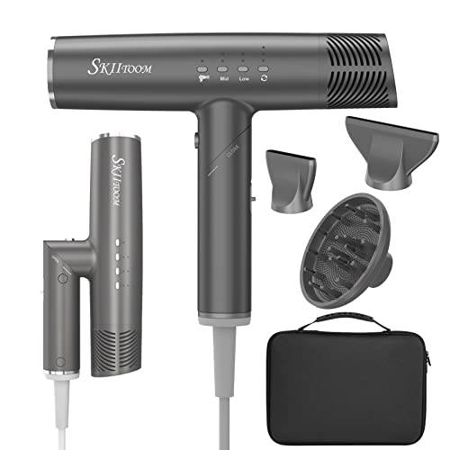 Professional Hair Dryer, 1400W Brushless Motor Ionic Hair Dryer Lightweight Foldable IQ Perfetto Blow Dryer 9 Modes One-Key Switching with 1 Diffuser,1Nozzle and 1Concentrator Attachments Handbag Grey