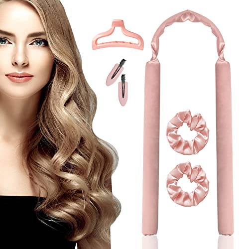 Heatless Curling Rod Headband: Hair Curler with Hair Clips & Scrunchie, Curls Silk Ribbon Hair Rollers Kit to Sleep In, Overnight Hair Curlers for Long Hair (Pink）