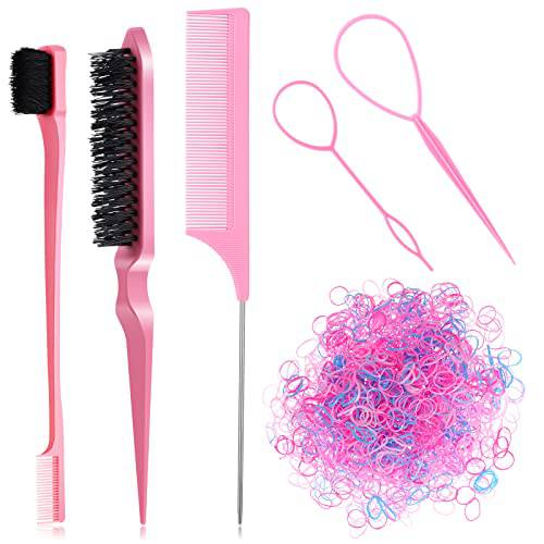 1505 Pcs Hair Brush and Comb Set, Control Hairline Brush Tail Comb Teasing Comb Brush Mini Rubber Bands and Elastic Hair Bands, 2 Pcs Hair Tail Braiding Tools for Women Girls Men (Pink)