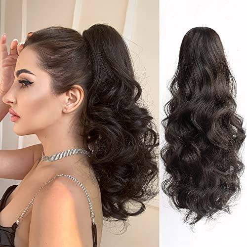 StrRid Pony Tail Hair Extainson, Ponytail Extension Claw Clip in Hair Extensions Ponytail 16 Wavy Ponytail Wig Curly Synthetic Fake Hair Daily londe Hair Pieces for Women 6 oz-Darkest Brown
