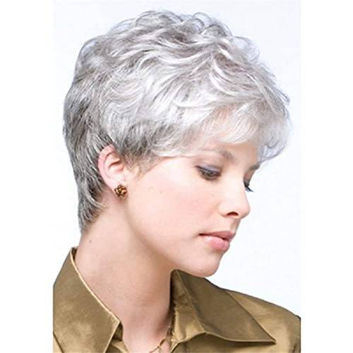 XIUFAXIRUSI XIUFAXIRUSI Short Curly Grey Pixie Wigs for White Women Sliver Grey Layered Synthetic Wig Natural Looking Pixie Cut Fluffy Wigs with Bangs