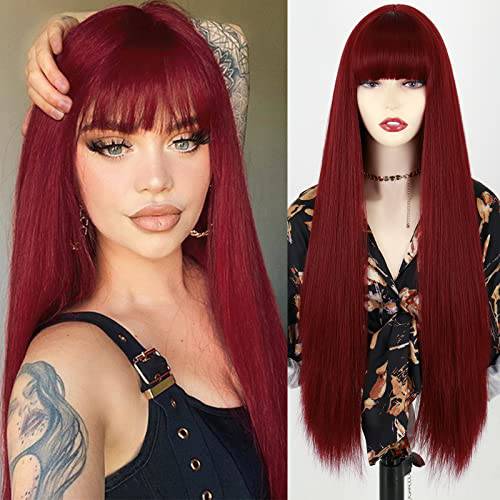 MISSQUEEN Long Red Wig with Bangs,Straight Dark Red Wigs for Women,Wine Red Long Straight Heat Resistant Synthetic wig for Fashion Women