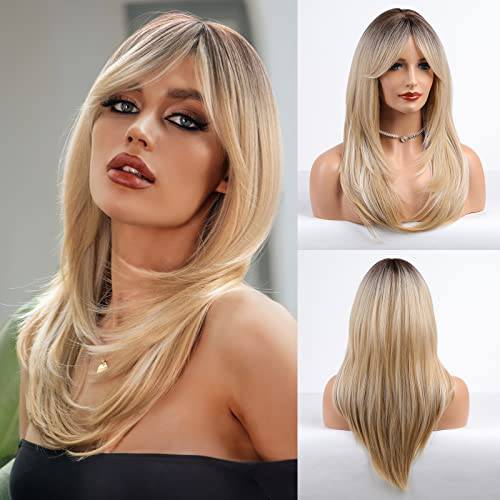 HAIRCUBE Ombre Blonde Shoulder Length Synthetic Wigs with Bangs Blonde Wigs for Women