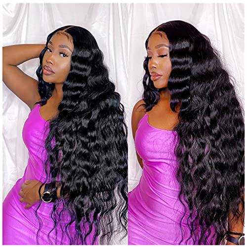 Halcyon Long Synthetic Curly Wig Deep Wave Black Wig for Women 30 Inch Long Black Wave Wig Middle Part Fake Scalp Lace Wigs Natural Crimps Curls