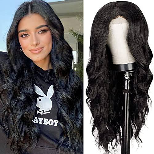 HAIRCUBE Long Black Wigs for Women Synthetic Long Curly Wig Middle Part Heat Resistant Fiber Wigs 24 Inch