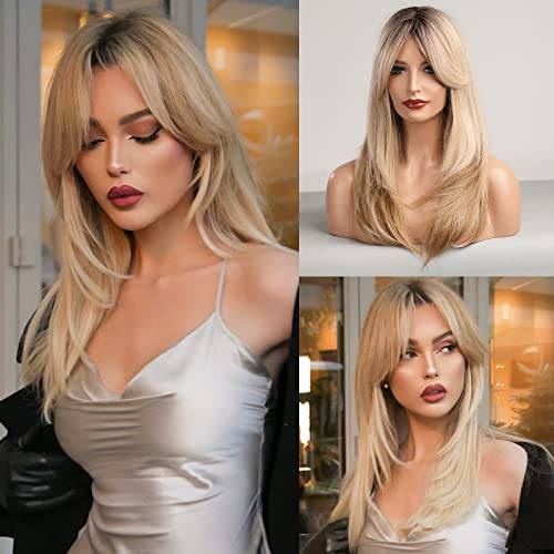 DOROJJ Blonde Wig with Bangs, Long Blonde Wigs for Women Layered Blonde Wigs with Bangs Ombre Blonde Wigs Synthetic Hair Wigs (Ombre Blonde)