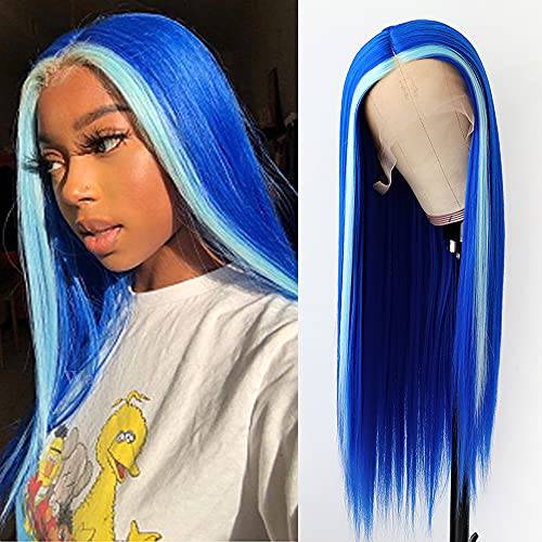 Itimay Blue Highlight Wigs Long Straight Hair Natural Looking Heat Resistant Glueless Hair Blue Hair Synthetic Lace Front Wigs for Fashion Women