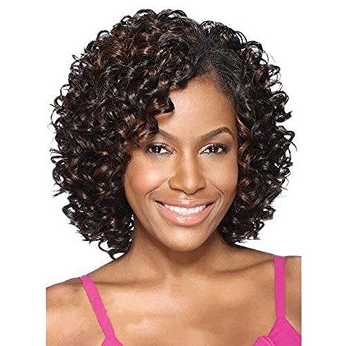 GNIMEGIL Short Curly Afro Wigs for Black Women with Side Bangs Synthetic Fiber Afro Kinky Curly Wig Natural Hair African American Hairstyles Christmas Costume Wig