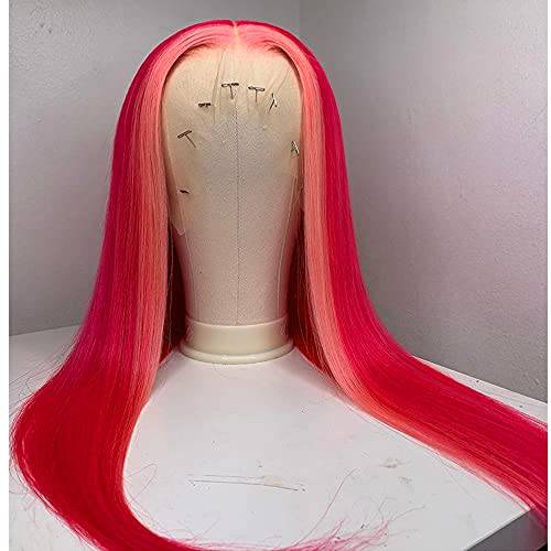 QD-Tizer Raspberry Red Hair Color Lace Front Wig Long Straight Hair Light Pink Highlights Wig Heat Resistant Fiber Hair Synthetic Lace Front Wigs for Fashion Women