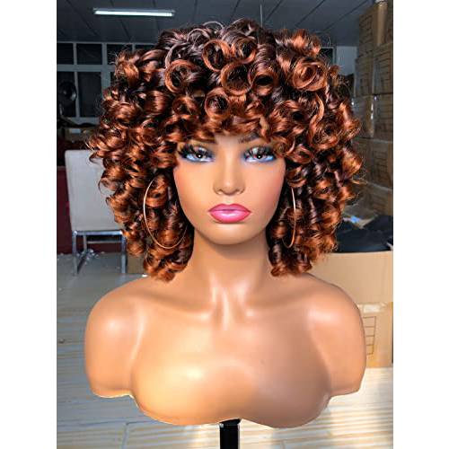 Sweece 14 Inch Short Curly Wig for Black Women Afro Kinky Curly Wigs with Bangs Big Bouncy Loose Curly Synthetic Hair(Ombre Brown)