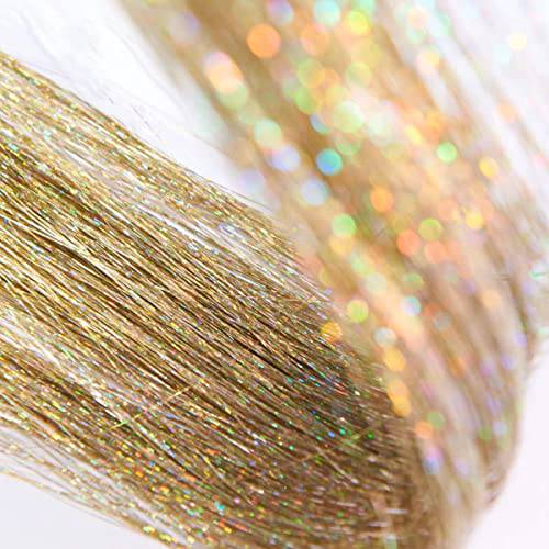 Hair Tinsel Kit with Tools Heat Resistant Glitter Hair Tinsel Clip In 2 Ways to Tie Up Sparkling Shiny Fairy Hair Tinsel Hair Extensions Stands for Women Girls 36 Inch Gold 500 Strands