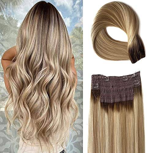 Halos Hair Extensions, Fish Line Hair Extensions Human Hair, Wire Hair Extensions Human Hair,14Inch 70g Ombre Balayage Ash Brown to Dirty Blonde and and Platinum Blonde Highlights Straight Hairpiece Flip in Hair Extensions Clip in Extensions with Invisible Fish Line Hair