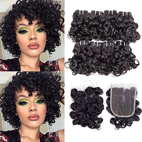 Peruvian Curly Hair Bundles Short Bob Curly Human Hair Bundles with Closure 10A Ocean Weave 8 Bundles with 4x4 Closure(8 8 8 8 8 8 8 8+8)25g/Bundle Peruvian Virgin Human Hair Bundles Natural Color