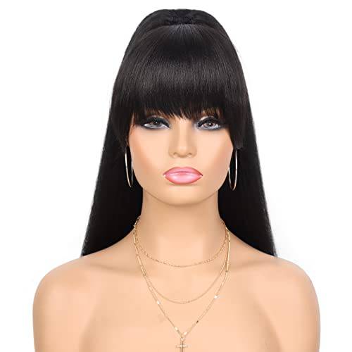 G&T Yaki Drawstring Ponytail with Bangs - Long Yaki Straight Ponytail Extension for Black Women Synthetic Hairpiece Clip in Ponytails Extension for Daily Party Use (1B, 24 inch)