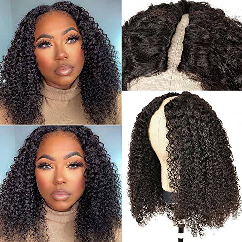 4GIRL4EVER V Part Wig Human Hair Curly Upgrade U Part Wig for Black Women Human Hair V Shape Wig Kinky Curly Minimal/No Leave Out Glueless Clip In Half Wig 180% Density Natural Color 14 Inch