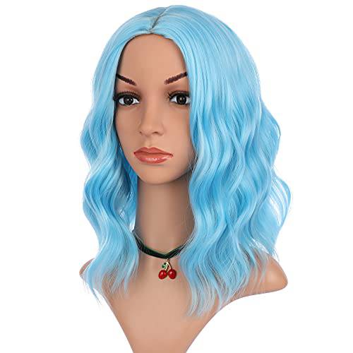 eNilecor Blue Wig, Short Colored Wigs Bob Wig for Women, Natural Wavy Colorful 14 Inch Middle Part Synthetic Wig for Cosplay Party Costume（Sky Blue）