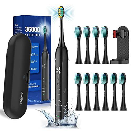 YAGHVEO Electric Toothbrush for Adults 10 Replacement Heads, 1 Travel case, Sonic Tooth Brush Soft, 1 Toothbrush Holder Nail Free, IP7 Impervious Water, Smart Timer, Power Vibrating Toothbrush