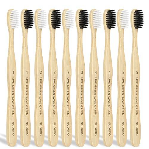 NUDUKO Bamboo Toothbrushes Soft Bristles, Biodegradable Eco-Friendly Toothbrush 10 Pack, BPA Free Charcoal Bamboo Tooth Brush, Organic, Natural, Green and Compostable Tooth Brushes