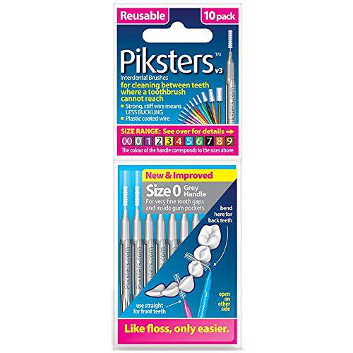 Piksters Interdental Brushes (1 Pack of 10 Brushes, Size 0 (Grey)
