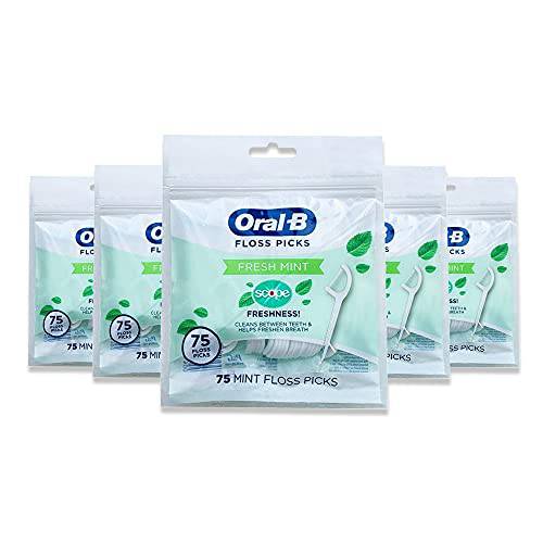 Oral-B Floss Picks Fresh Mint with Scope Freshness, Shred Resistant, 75 Count (Pack of 5)