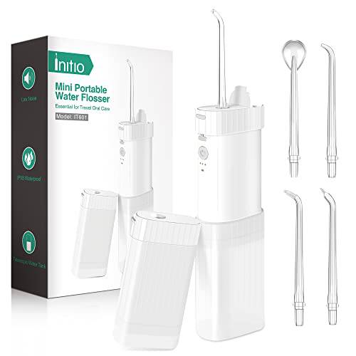Portable Water Flosser Initio Mini Travel Water Flossers for Deep Teeth & Braces Cleaning Retractable Tank 3 Modes 4 Jet Tips IPX7 Waterproof Cordless Oral Irrigator for Travel & Home & Office (White)