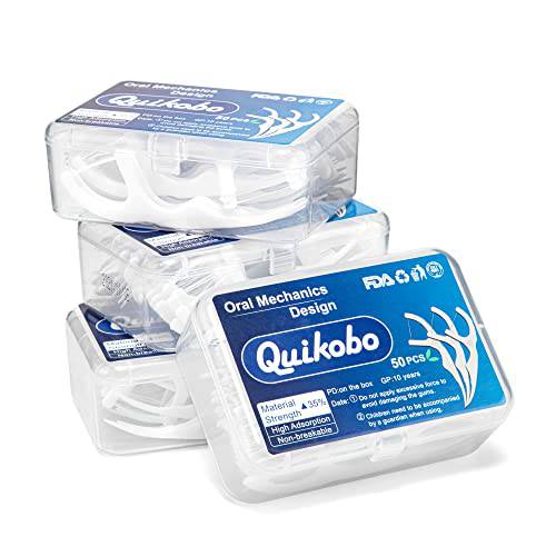 Quikobo Dental Floss Picks High Toughness Toothpicks Sticks 4-Pack( 50 Count ), No additives Dental Floss Sticks with Portable Case, Upgrade Size with 4 Portable Cases.