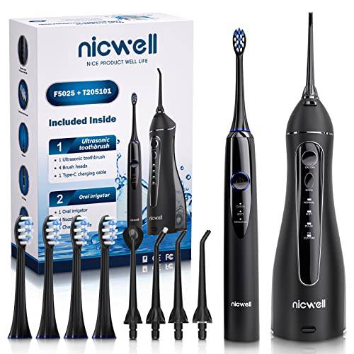 Water Dental Flosser Electric Toothbrush - Nicwell 4 Modes Dental Oral Irrigator, Portable and Rechargeable IPX7 Waterproof Powerful Battery Life Water Teeth Cleaner Picks for Home Travel