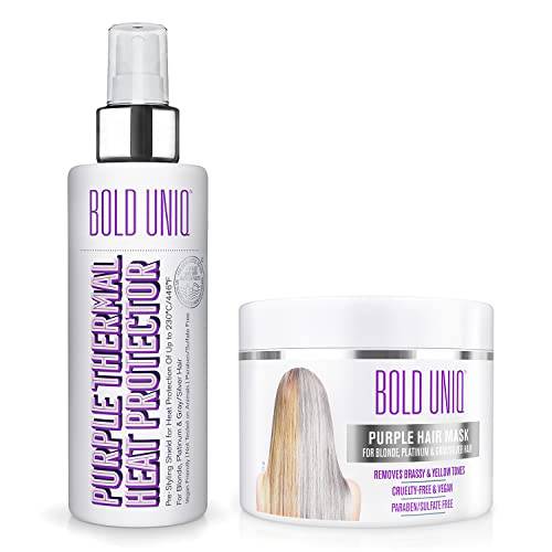 Bold Uniq Purple Heat Protectant Spray & Purple Hair Mask Bundle. formulated for Blonde, Platinum, Ash & Silver/Gray Hair. Banish Yellow tones.Paraben & Sulfate Free. Vegan & Cruelty Free.