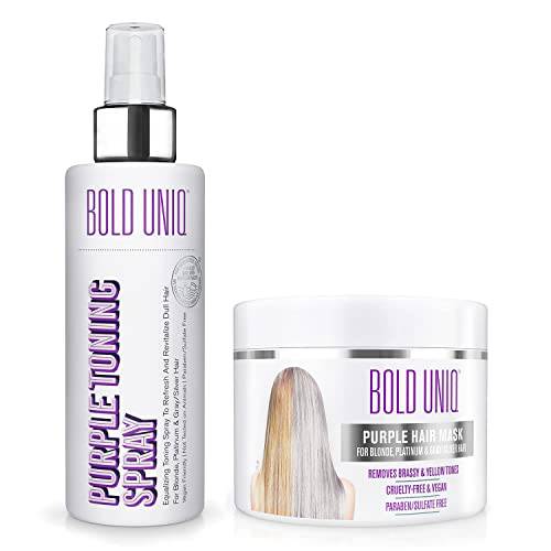 Bold Uniq Blonde Toner Spray & Purple Mask Bundle. Remove Brassy Yellow tones in Blonde, Platinum & Gray/Silver Hair. Paraben & Sulfate Free. Vegan & Cruelty Free.