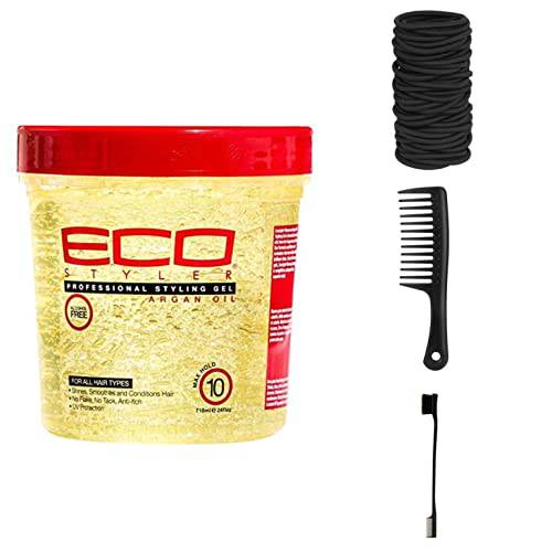 Eco Style Gel Hair Styling Gel, Argan Oil, 24 Ounce (Includes Double Sided Edge Control Brush, Detangling Wide Tooth Comb Set & pc Black Elastic Ties No Metal Bands Ponytail Holders), 27 Piece