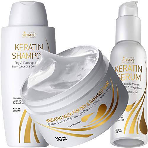 Vitamins Keratin Shampoo Serum and Hair Mask Kit - Protein Shampoo Serum and Deep Conditioner Hair Mask Set for Thin Fine Hair - Ultra Boost for Dry Damaged Color Treated Hair