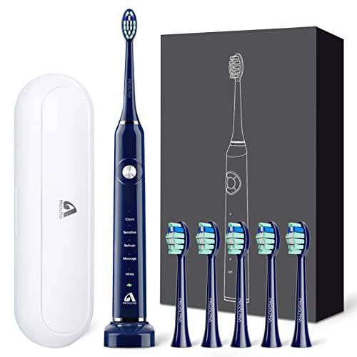 JTF Sonic Electric Toothbrush for Adults, Wireless Fast Rechargeable Toothbrush with Travel Case and 6 Brush Heads, 5 Modes Smart Toothbrushes, Navy Blue