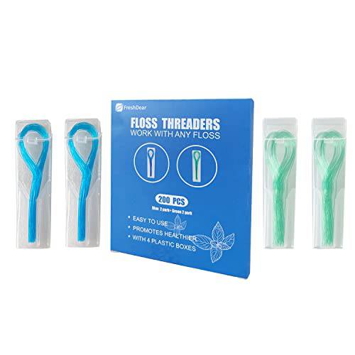 FreshDear Floss Threaders for Braces, Bridges, and Implants, Green 100 Counts and Blue 100 Counts (Pack of 4, Total 200 Counts)