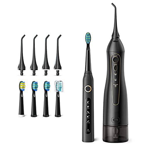 Toothbrush and Water Flosser, Teeth Cleaner Set, 5 Optional Modes and 4 Brush Heads Whitening Toothbrushes, 3 Modes and 4 Jet Tips Oral Irrigator, 4 Hours Charge for 30 Days Use (Black)
