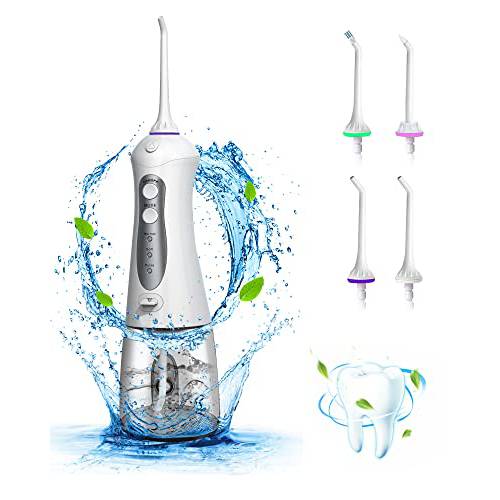 Water Flosser Cordless Oral Irrigator: Portable Water Flossers for Teeth with 300ML Detachable Tank, Rechargeable IPX7 Waterproof Water Teeth Cleaner Picks with 3 Mode 4 Tips for Family Travel (Grey)