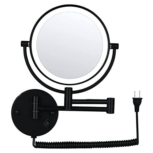 Wall Mounted Magnifying Mirror,Black Plug-in Model with Bathroom Swivel Mirror,360° Rotating 1X/3X Magnifying Shaving Mirror,led Makeup Mirror