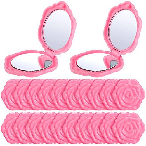 Yulejo 20 Pack Compact Mirror Pink Mirror Plastic Mini Travel Makeup Mirror Portable Foldable Mirrors Rose Flower Shaped Compact Mirror Hand Bridesmaids Gift for Women Girls Wedding Party