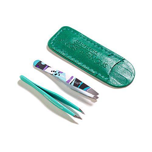 Almost Famous Beauty Eyebrow Tweezers For Women, or Men, Ingrown Facial Hair Removal, Loose Hair Removal Tweezers, With Leather Case, Fulfill Precision, Holiday Gift, Gift - Green (Pack of 2)