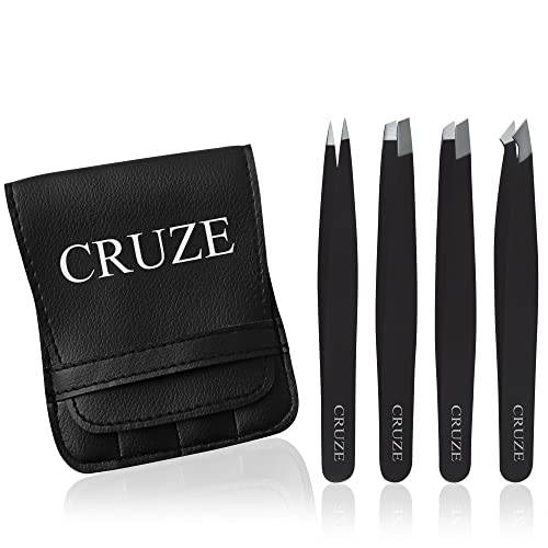 CRUZE Tweezers Set (4-Piece) – Precision Tweezers for Facial Hair Women and Men – Eyebrow Tweezers Slanted and Pointed Tip for Ingrown Hair.