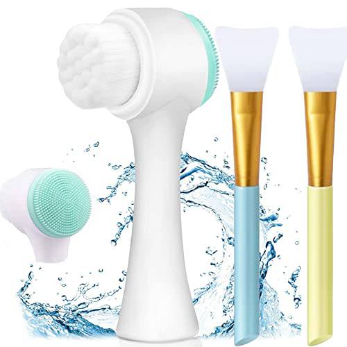 Facial Brush - Scrub Silicone Manual Double Sided Cleansing Brush and Pore Cleansing Facial Brush, with Free 2PCS Silicone Face Mask Brushes
