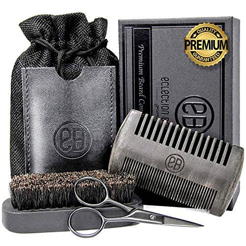 Beard Brush & Beard Comb Kit, Natural Boar Bristle Brush, Authentic Sandalwood Dual Action Comb & Durable Case, Mustache Trimming Scissors, Linen Pouch Bag, Gift Box Set for Men’s Daily Grooming Care
