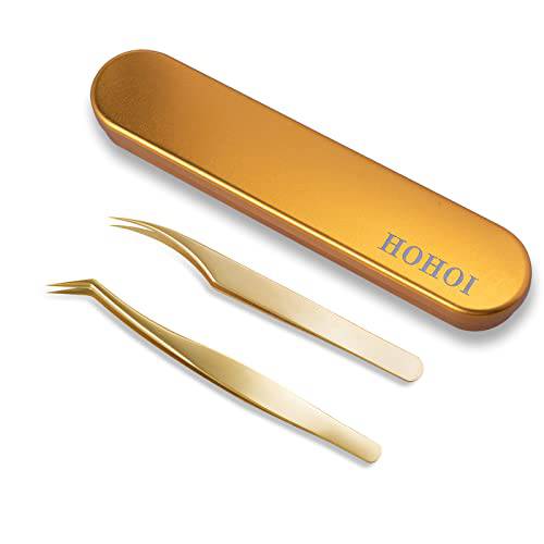 2PCS HOHOI Eyelash Extension Tweezers, Straight and Curved Tip Stainless Steel Tweezers 2 Pieces Professional Eyelashes Tools For Individual and Volume Eyelash Extensions - Surgical-Grade Steel - gold