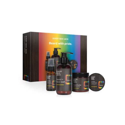 Every Man Jack Pride Beard Box - Includes Four Beard Essentials with Clean Ingredients & a Sandalwood Scent - Round Out His Routine with Beard + Face Wash, Beard Oil, Beard Butter & Beard Balm
