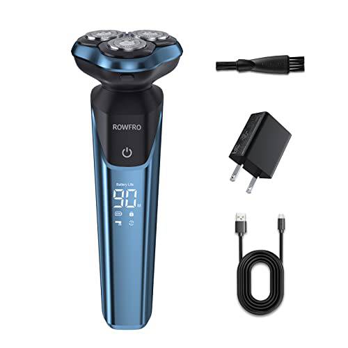 Electric Shaver for Men,ROWFRO Rechargeable Electric Razor Wet Dry Rotary Shaver with Type-C Plug Adapter and LED Display,IPX7 Whole-Body Waterproof