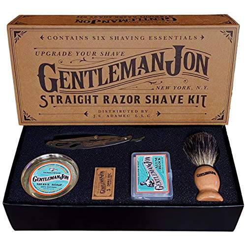 Gentleman Jon Straight Razor Shave Kit | Includes 6 Items: One Straight Razor, One Badger Hair Brush, One Alum Block, One Shave Soap, One Stainless Steel Bowl and A Pack of Razor Blades